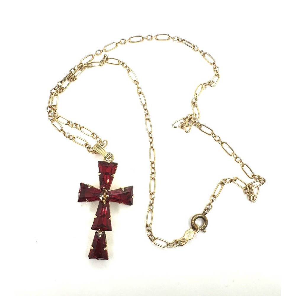 Beautiful 1/20 12k GF Red Rhinestone Cross Marked “ACo”